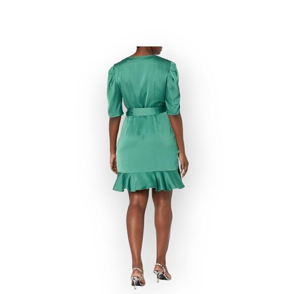 Keepsake The Label Green Satin Wrap Dress | Ruffle Short Sleeve Mini | Size L - Picture 2 of 15